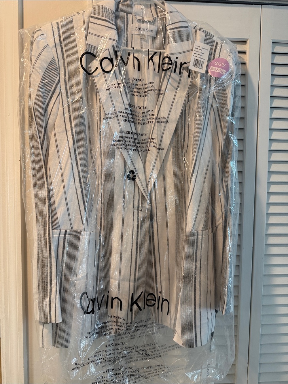 Calvin Klein Cream and Gray Striped Linen Blazer